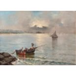 Unbekannter Künstler, Südliche Landschaft, der Blick geht auf ein Boot mit diversen Figuren sowie