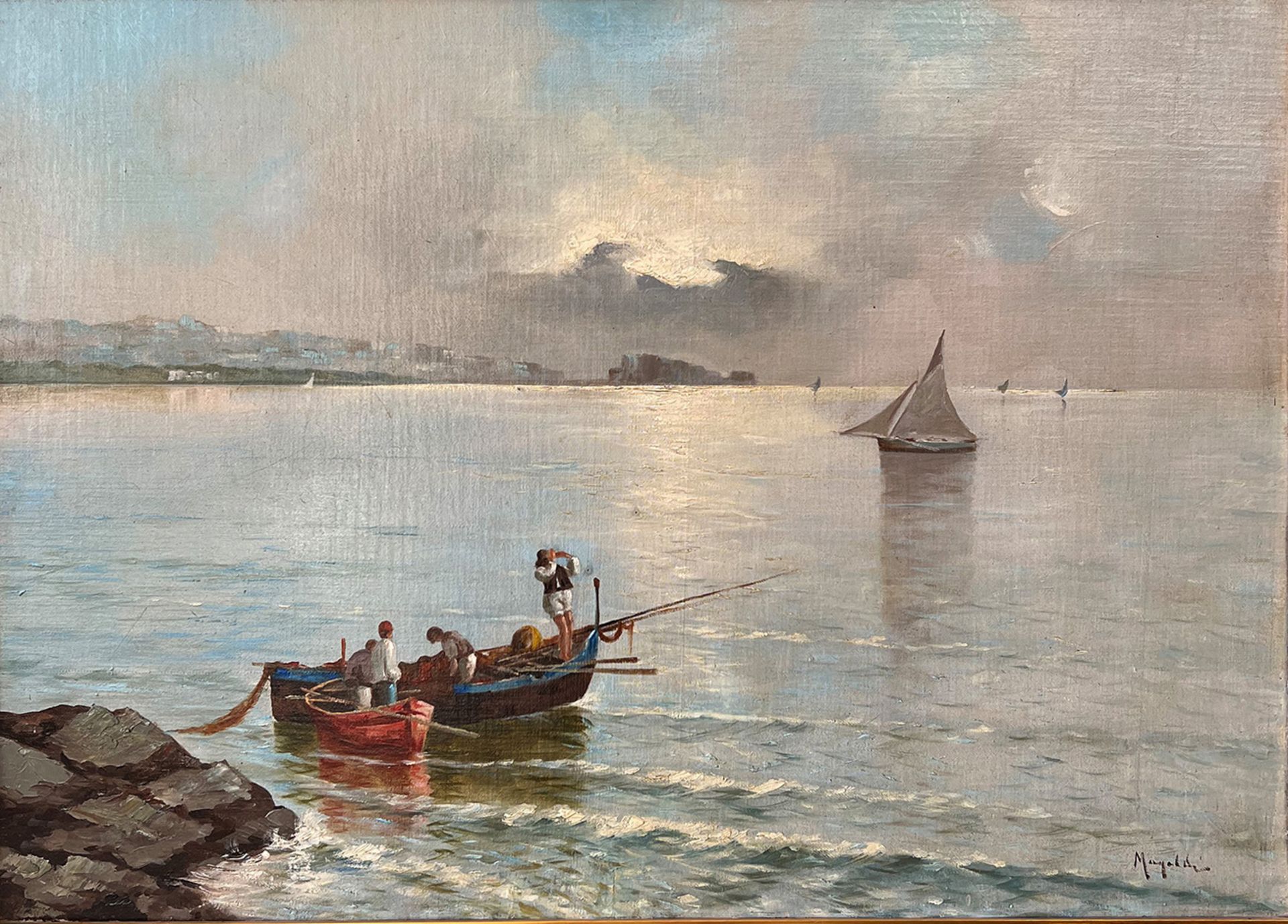 Unbekannter Künstler, Südliche Landschaft, der Blick geht auf ein Boot mit diversen Figuren sowie