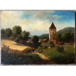 Otto GOLDMANN (1844-1915), Landschaft mit Turm und figürlicher Staffage, signiert, Öl/Lwd,