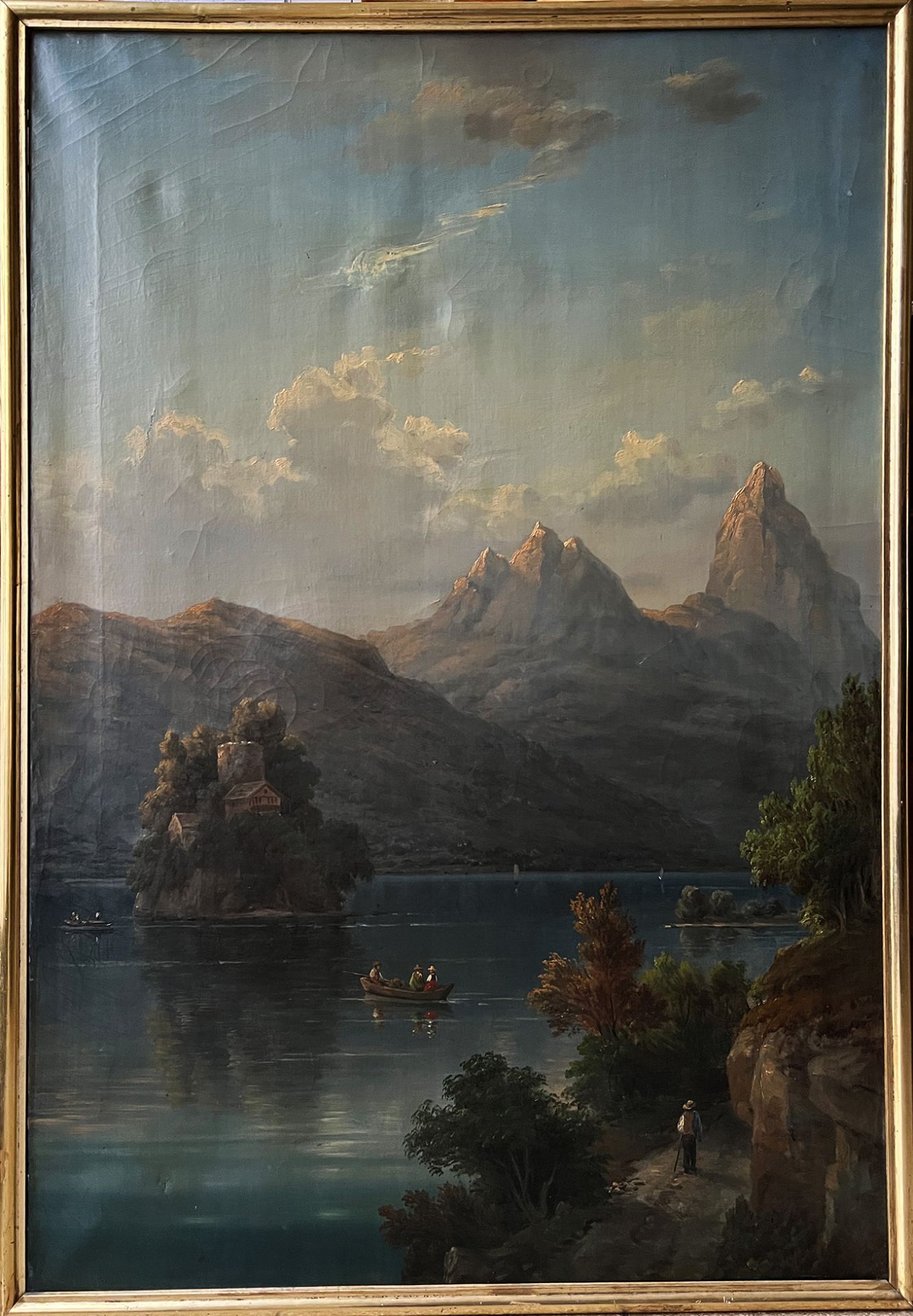 Unbekannter Künstler, 19. Jh., Landschaft mit See, Insel und im Hintergrund Bergen sowie figürlicher - Bild 4 aus 4