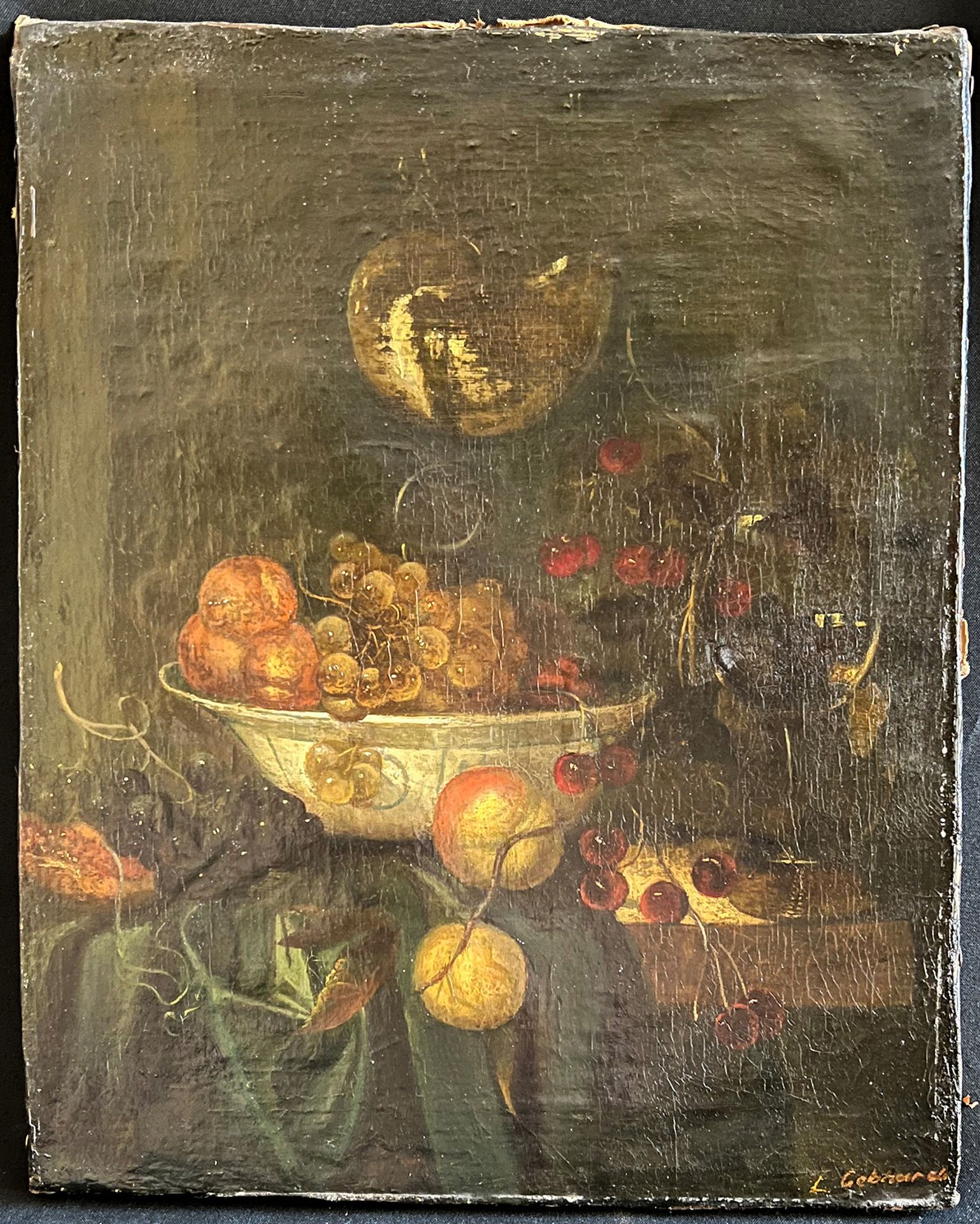 L. Gebhard, 19. Jh., Obststilleben in weißer Schale, signiert, Öl/Lwd, Altersspuren, 41 x 33 cm - Image 4 of 5