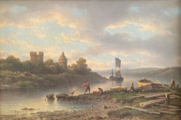 Johannes Hilverdink (1813-1902), Flusslandschaft mit Booten und Fischern, Öl/Lwd, aufgez., 36 x 53