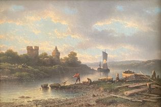 Johannes Hilverdink (1813-1902), Flusslandschaft mit Booten und Fischern, Öl/Lwd, aufgez., 36 x 53
