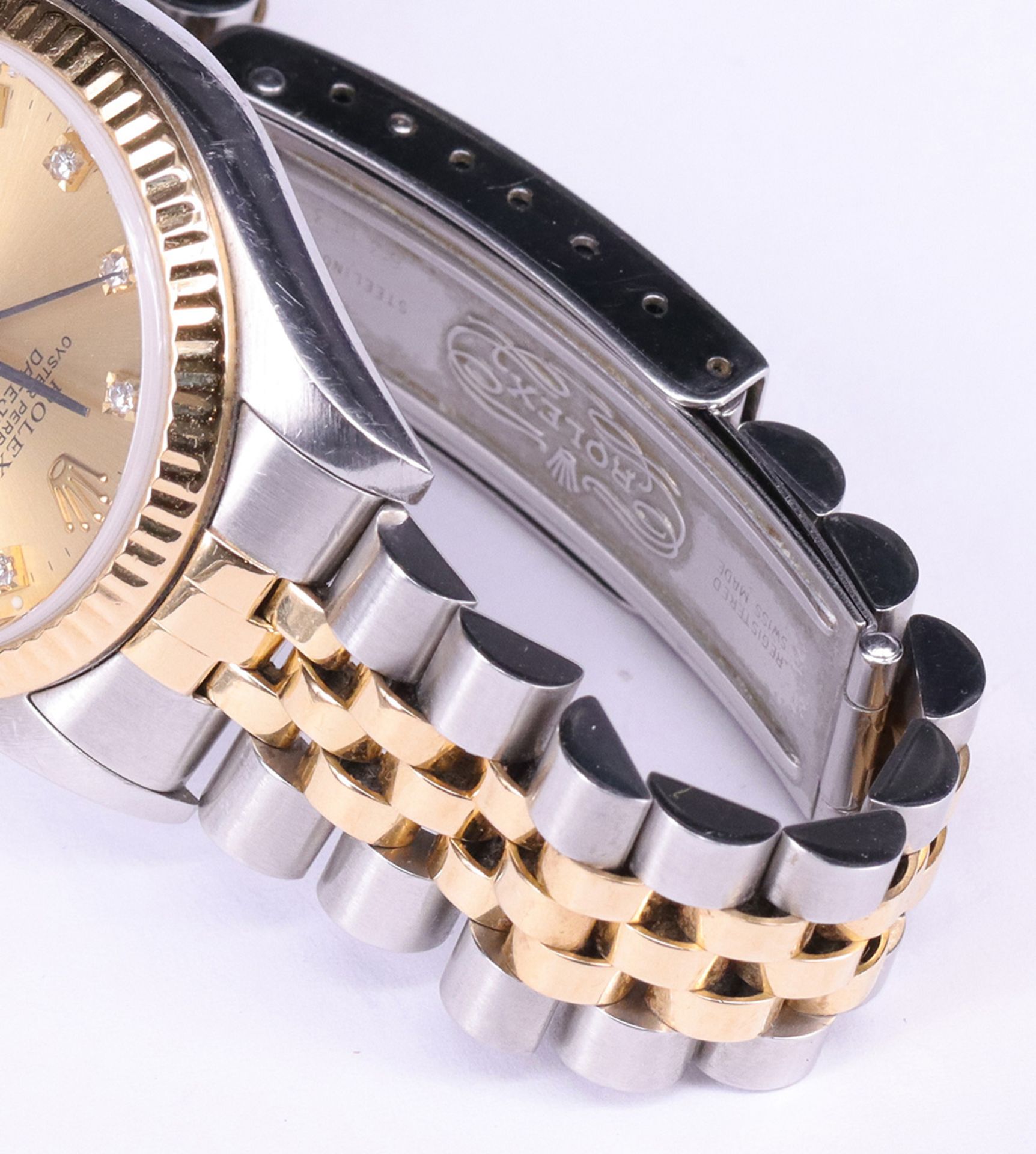 Rolex, Oyster Perpetual Date Just, Armbanduhr, goldfarbenes Zifferblatt mit Diamanten als Uhrzeiten, - Bild 5 aus 7