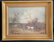 Unbekannter Maler, um 1880, Jagdgesellschaft zu Pferde mit roten Jacken, Zylinderhüten und Hunden,