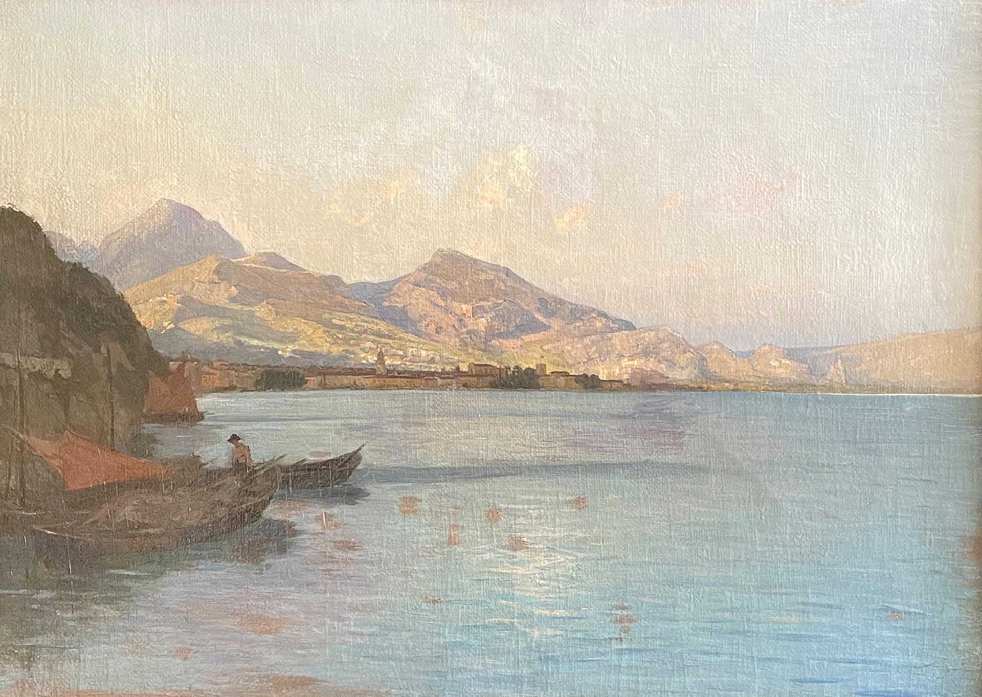 Unbekannter Künstler, um 1900, Boote auf dem Wasser mit Blick auf Stadt und Berge, Öl/Lwd. Unknown