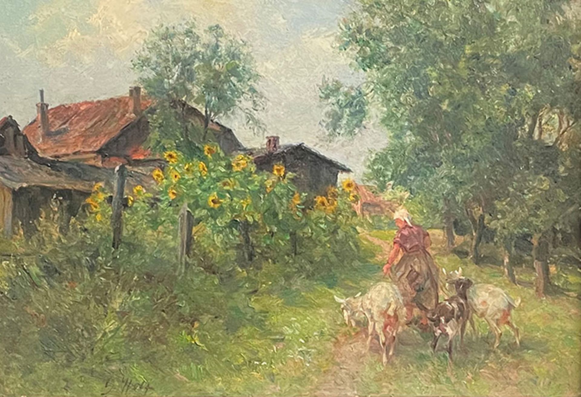 Georg WOLF (1882-1962), Bauernhaus mit Wiese und figürlicher Staffage, signiert, Öl auf