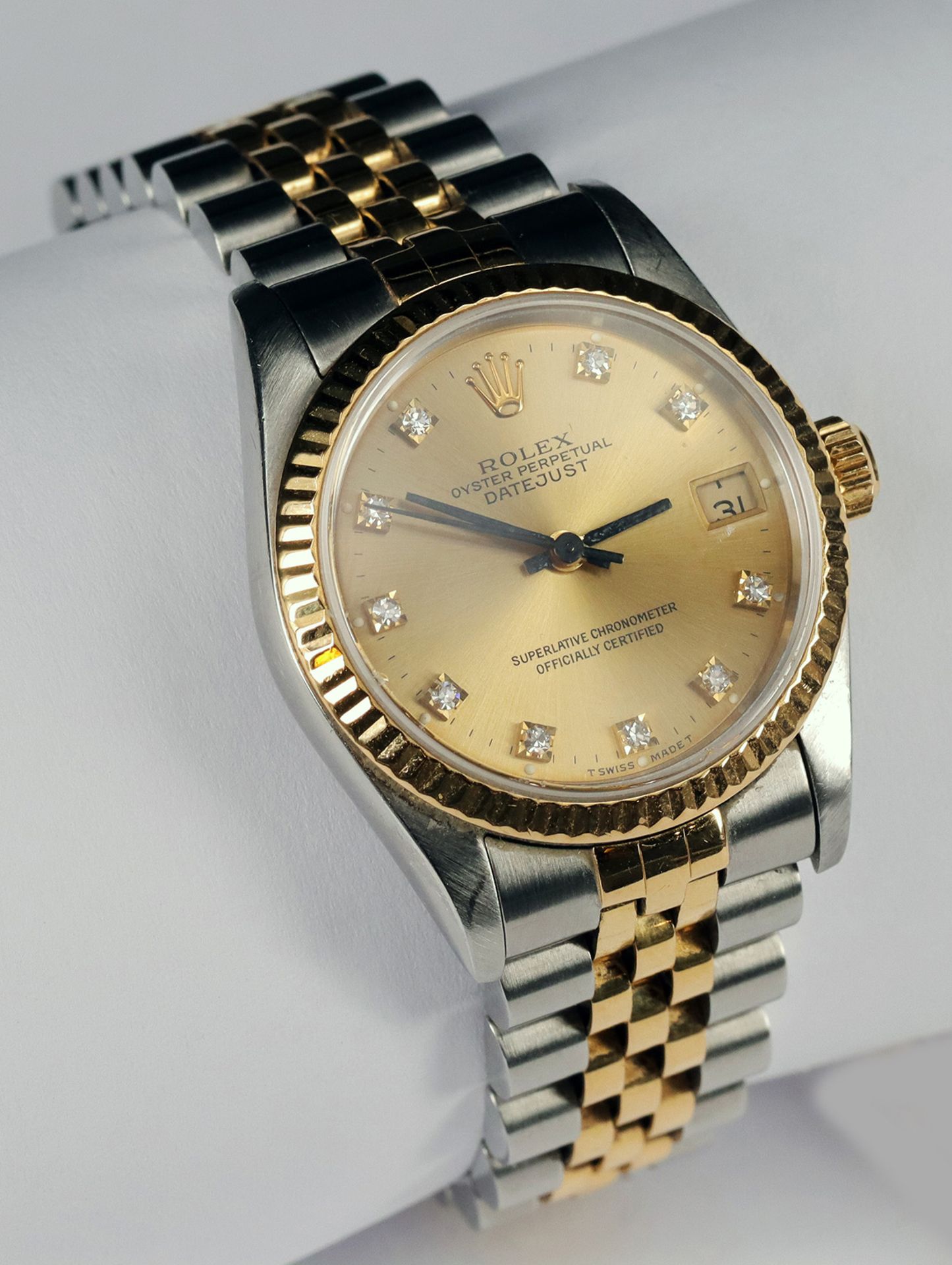 Rolex, Oyster Perpetual Date Just, Armbanduhr, goldfarbenes Zifferblatt mit Diamanten als Uhrzeiten, - Bild 2 aus 7