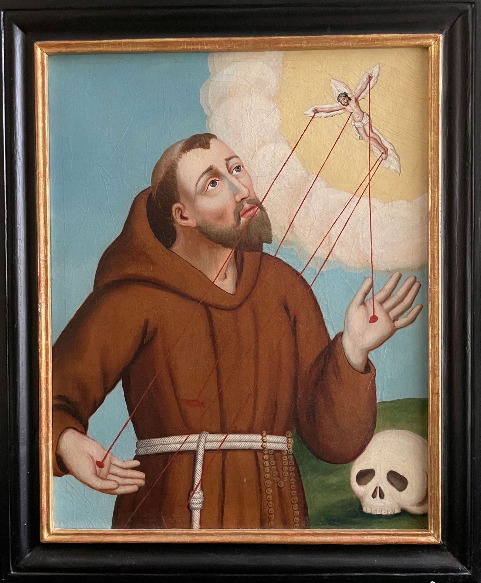 Paar Gemälde Heilige, Mitte 19. Jh.: Hl. Aloisius mit Lilie, Kruzifix und Totenkopf, Öl/Lwd. ( - Bild 6 aus 7