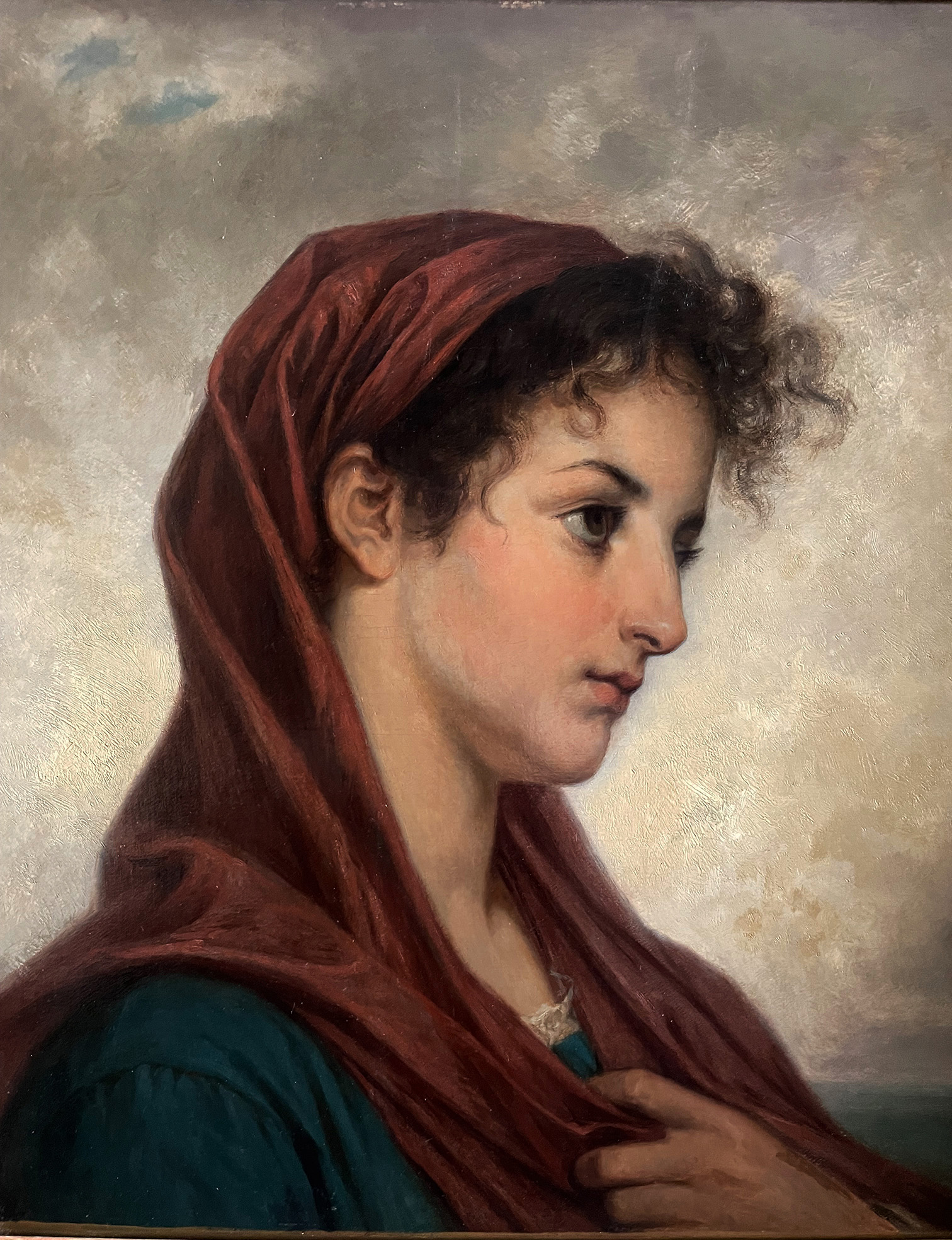 Akademischer Künstler, Mädchenportrait: Vor ockerfarbenem Grund ein Mädchen mit rotem Kopftuch,