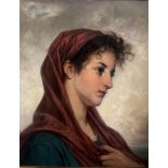 Akademischer Künstler, Mädchenportrait: Vor ockerfarbenem Grund ein Mädchen mit rotem Kopftuch,