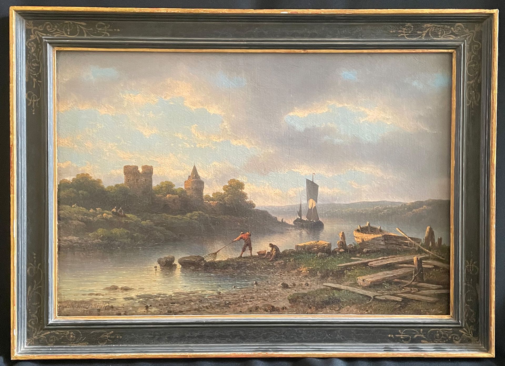 Johannes Hilverdink (1813-1902), Flusslandschaft mit Booten und Fischern, Öl/Lwd, aufgez., 36 x 53 - Bild 3 aus 7