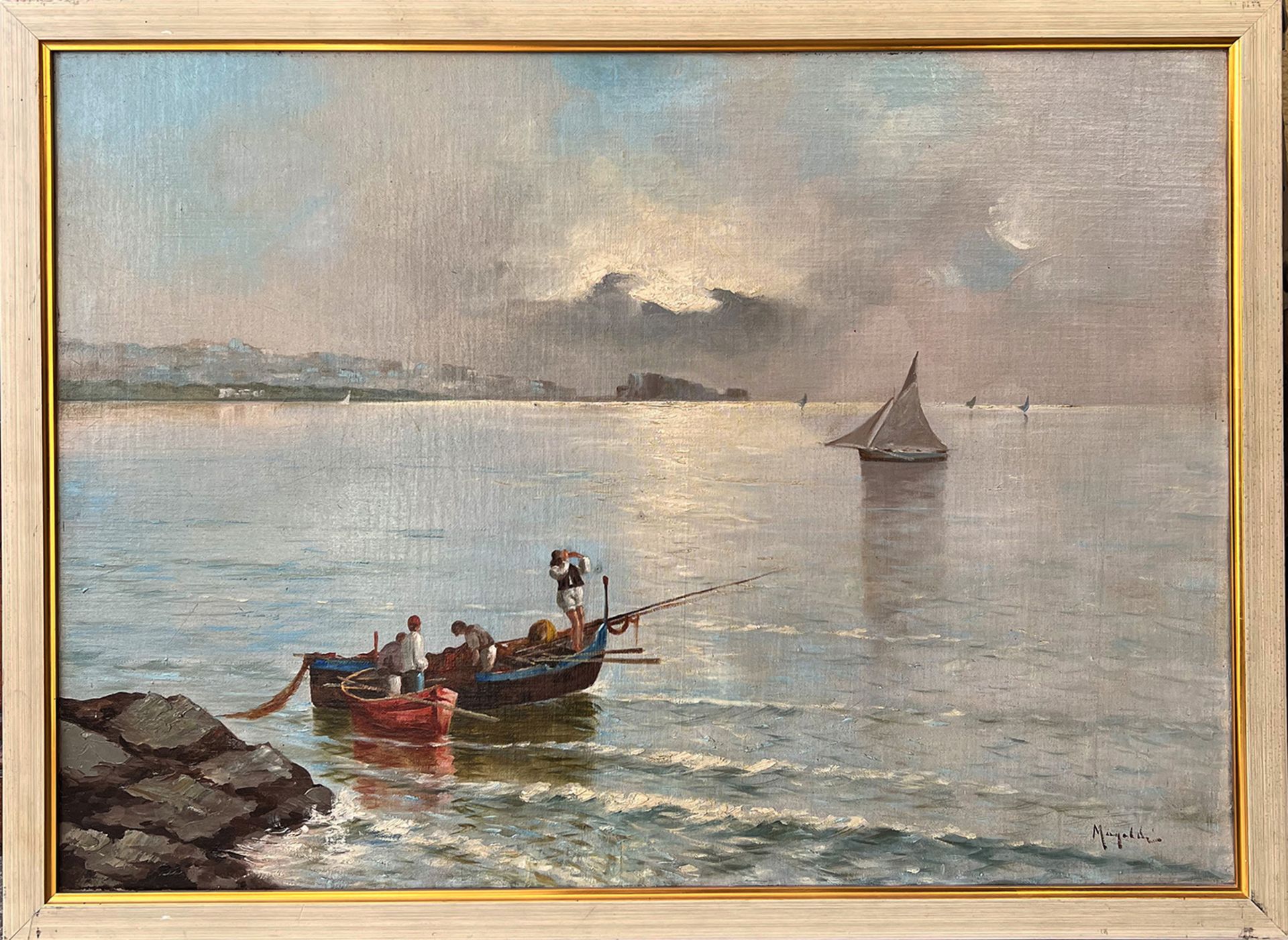 Unbekannter Künstler, Südliche Landschaft, der Blick geht auf ein Boot mit diversen Figuren sowie - Bild 2 aus 5