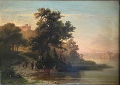 August Christian GEIST (1835-1868), Landschaft mit Blick auf einen Fluss, einen Weg, der zur Burg