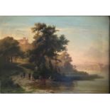 August Christian GEIST (1835-1868), Landschaft mit Blick auf einen Fluss, einen Weg, der zur Burg