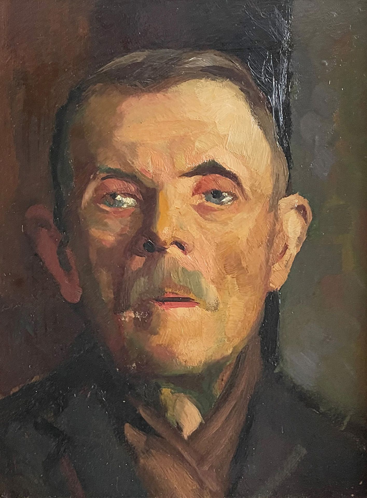 Unbekannter Maler. Portrait eines Mannes, Öl auf Platte, Altersspuren 37 x 29 cm. Unknown painter.