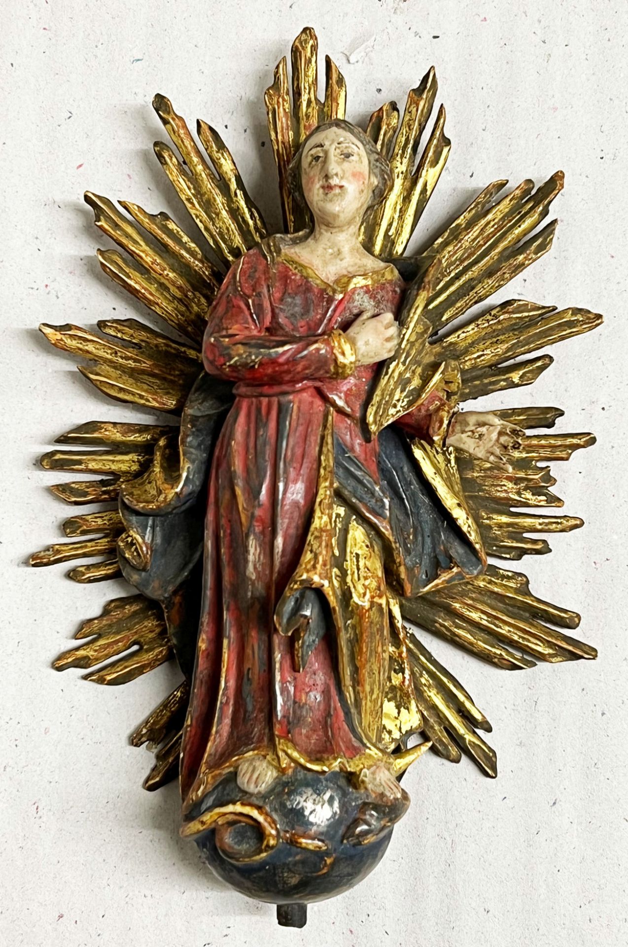 Immaculata/ Virgin Mary. Frühes 19. Jh., Holz, im Strahlenkranz, alte Fassung, Altersspuren, H. 21
