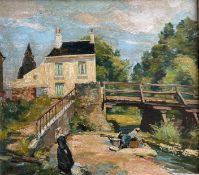 Lucien ADRION (1889-1953), Bretonische Wäscherinnen an einem Fluss mit Brücke und Haus, rücks.