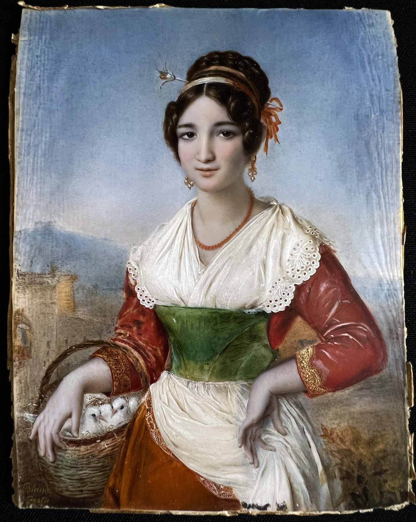 Bianca FESTA (1802-1884), Portrait einer schönen Römerin mit rotem Kleid, weißer Spitzenbluse und - Image 10 of 10