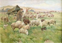 Valentin, Schafe auf der Weide mit ihrem Hirten, signiert, Öl/Lwd. 48 x 68 cm
