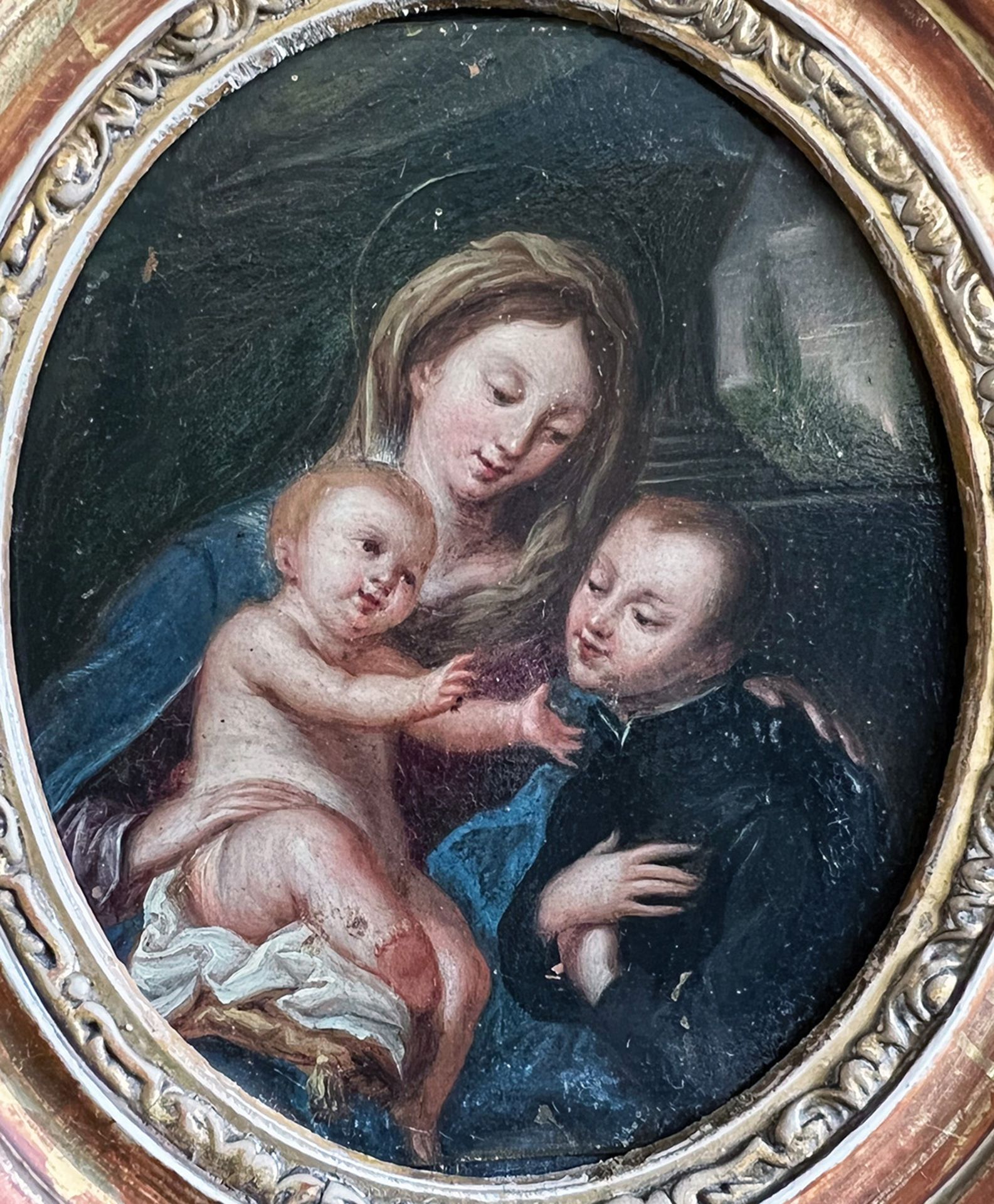 Zwei religiöse Kleinstbilder: Maria und der Jesusknabe mit einem Stifter, Öl/Holz, oval, 11,5 x 9, - Bild 6 aus 6