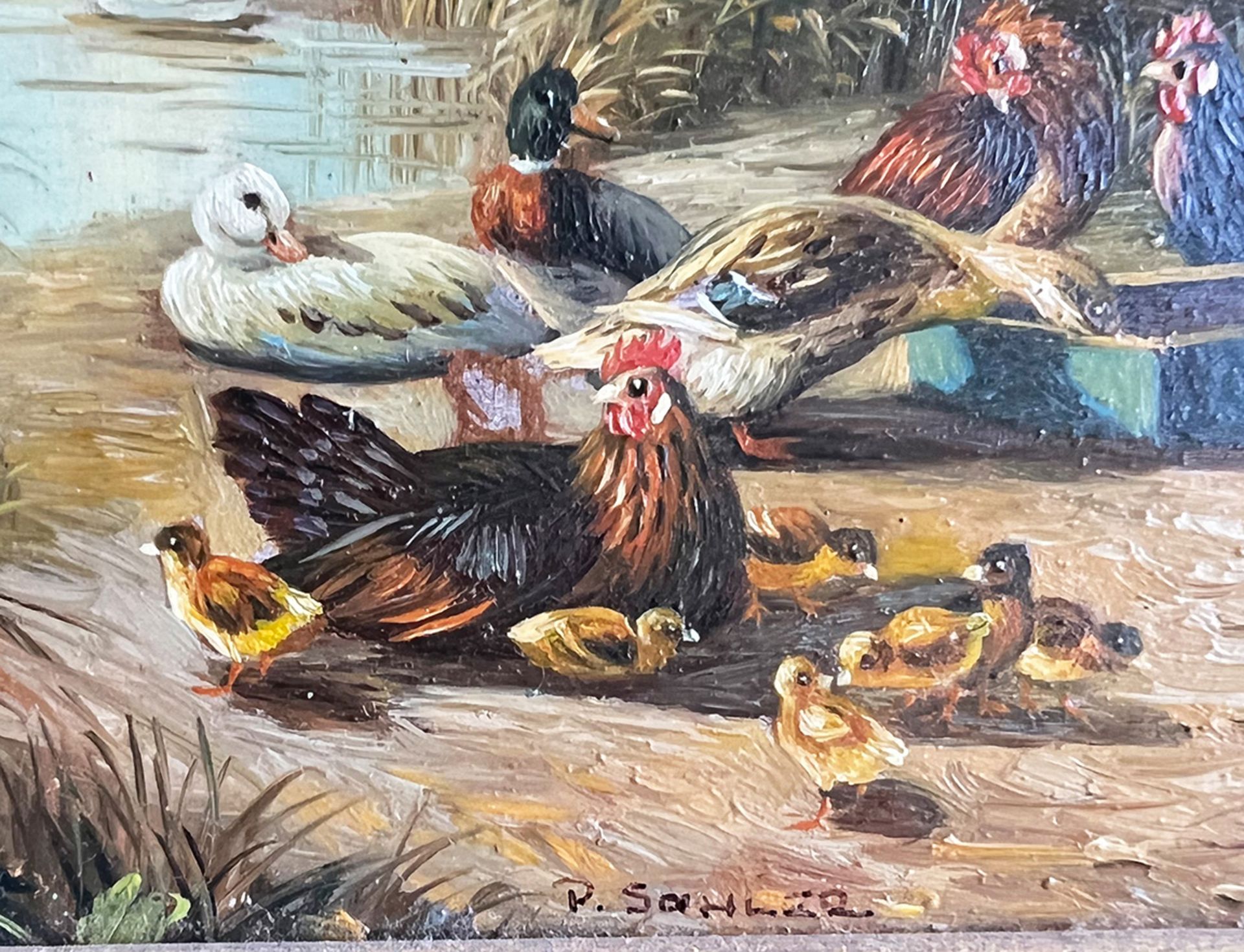 P. Sohler, Paar Bilder: Enten am Teich, signiert, Öl/Spanplatte, 13 x 18 cm; Hühner am Teich, im - Bild 3 aus 5