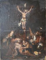 Unbekannter Maler, 17. Jh., Kreuzigung, Öl/Lwd, doubliert, beschädigt, 194 x 154 cm. Das