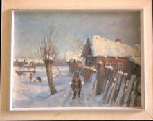 K. Lebedev, Sonnige Schneelandschaft mit Häusern und Figuren/ Sunny snow landscape with houses and