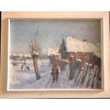 K. Lebedev, Sonnige Schneelandschaft mit Häusern und Figuren/ Sunny snow landscape with houses and