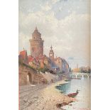 Karl Kaufmann (1843 - 1905), Promenade vor der Stadtmauer am Fluss, Öl auf Platte, signiert, 31,5