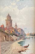 Karl Kaufmann (1843 - 1905), Promenade vor der Stadtmauer am Fluss, Öl auf Platte, signiert, 31,5