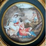 Miniatur in Rokoko-Rahmen, Ölmalerei eines Schäferstündchens mit einer halb entblößten Dame, im