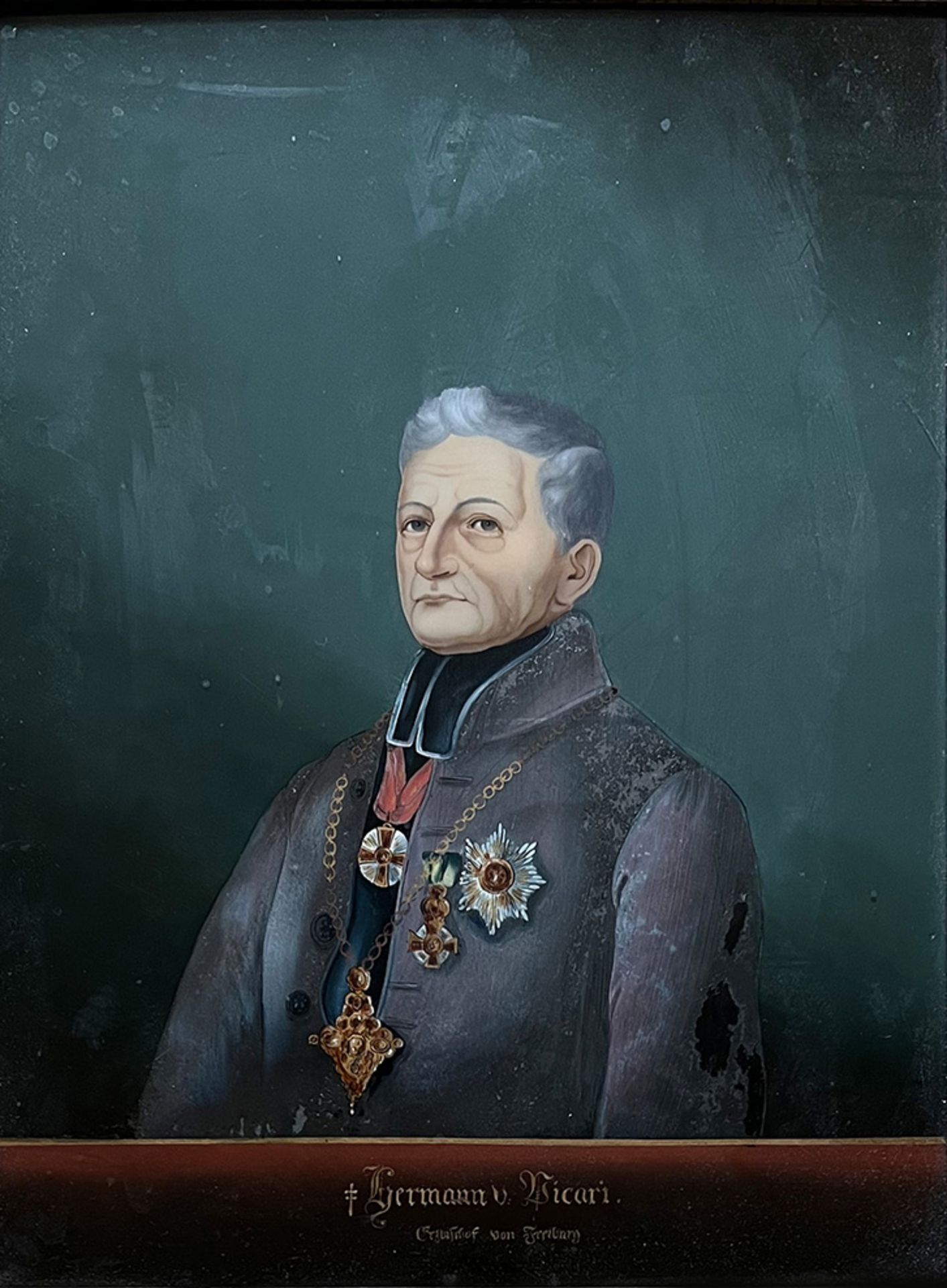 Unbekannter Künstler, Portrait von Erzbischof Hermann v. Picari, Freiburg, Hinterglasbild,