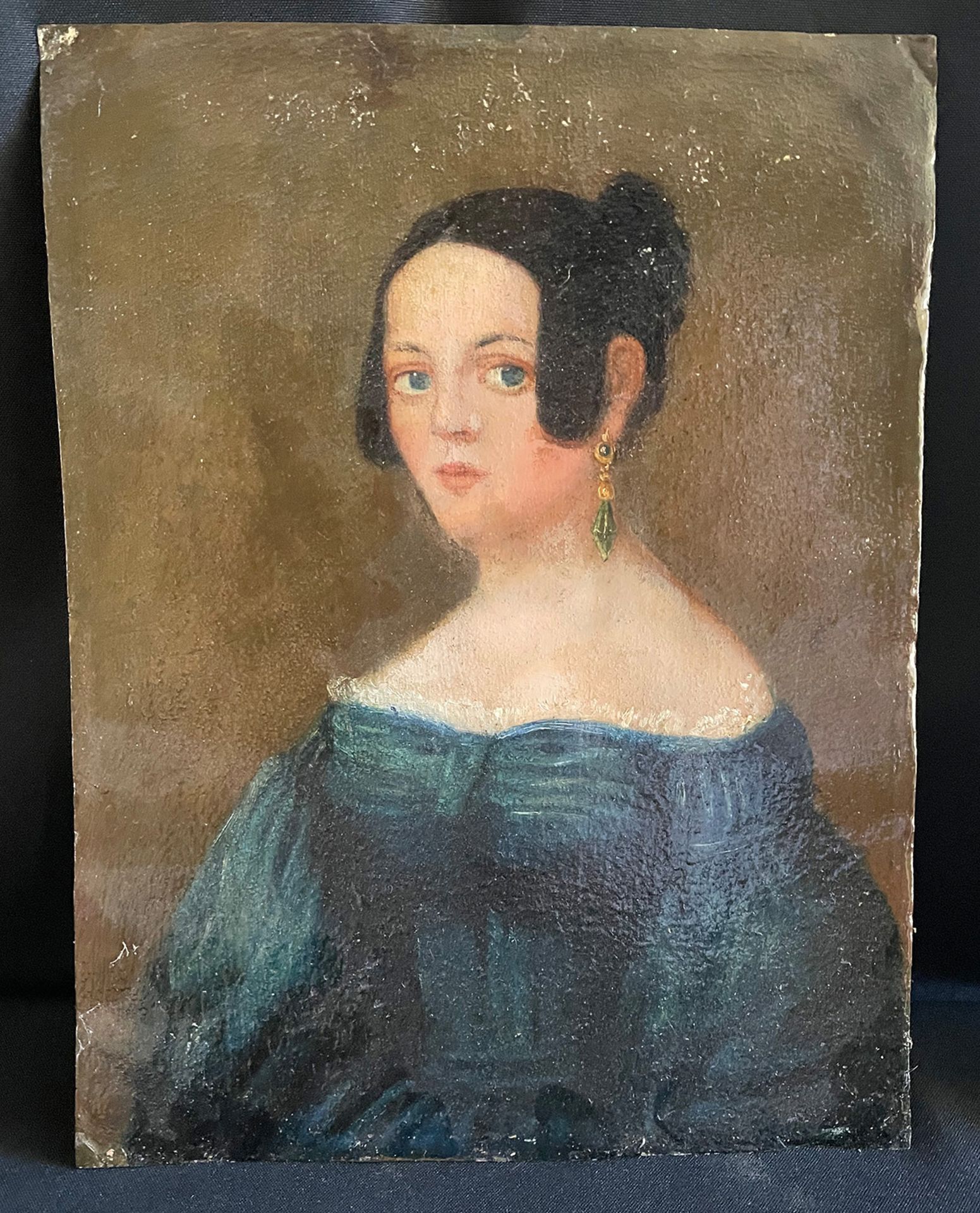 Damenportrait. Unbekannter Maler um 1850, Öl auf Metall, 33 x 25 cm - Bild 2 aus 3