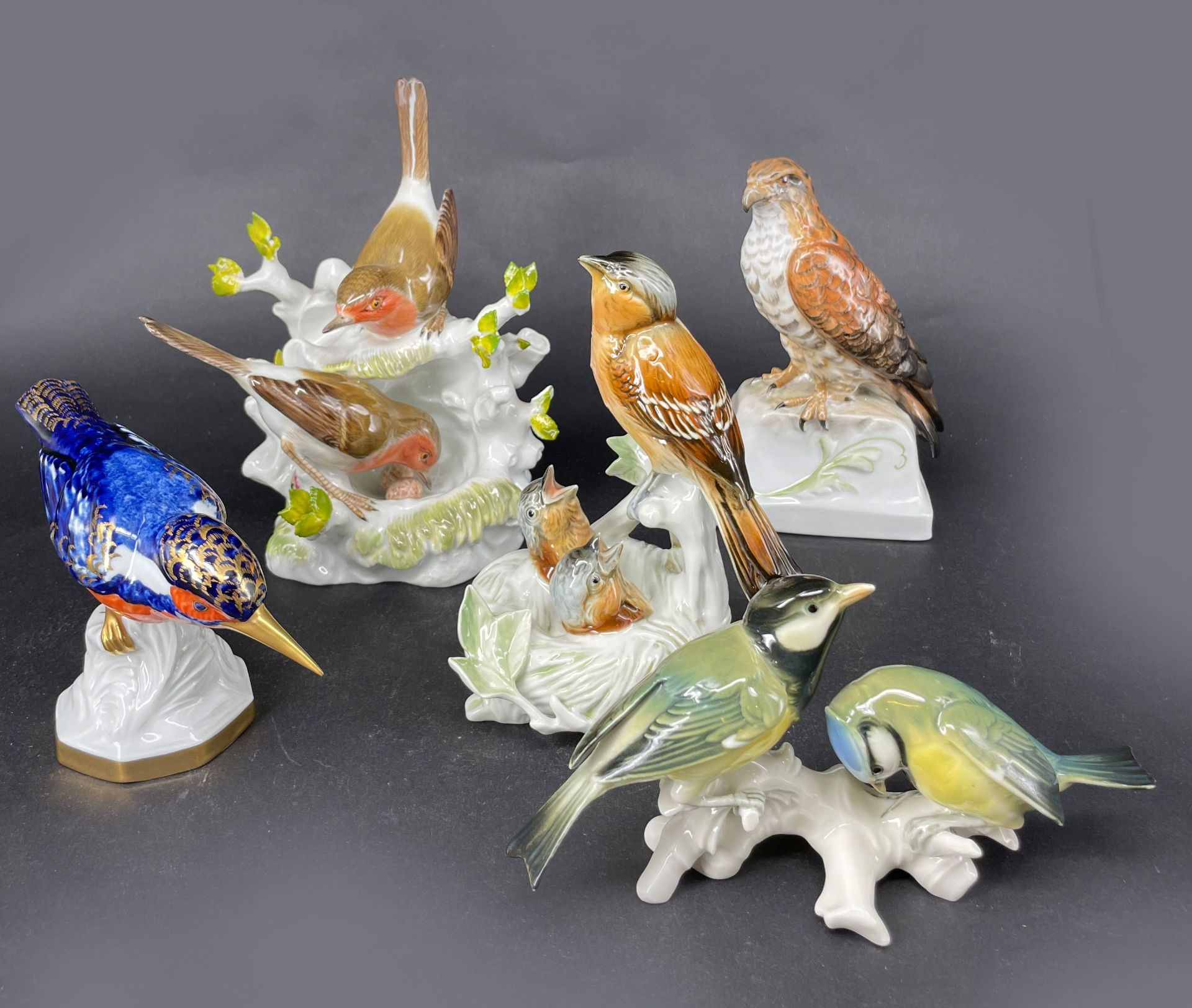 Konvolut Porzellanvögel, 5 Stück: Eisvogel, Unterweissbach, (Nr. 8516 A), H 10,5 cm; zwei