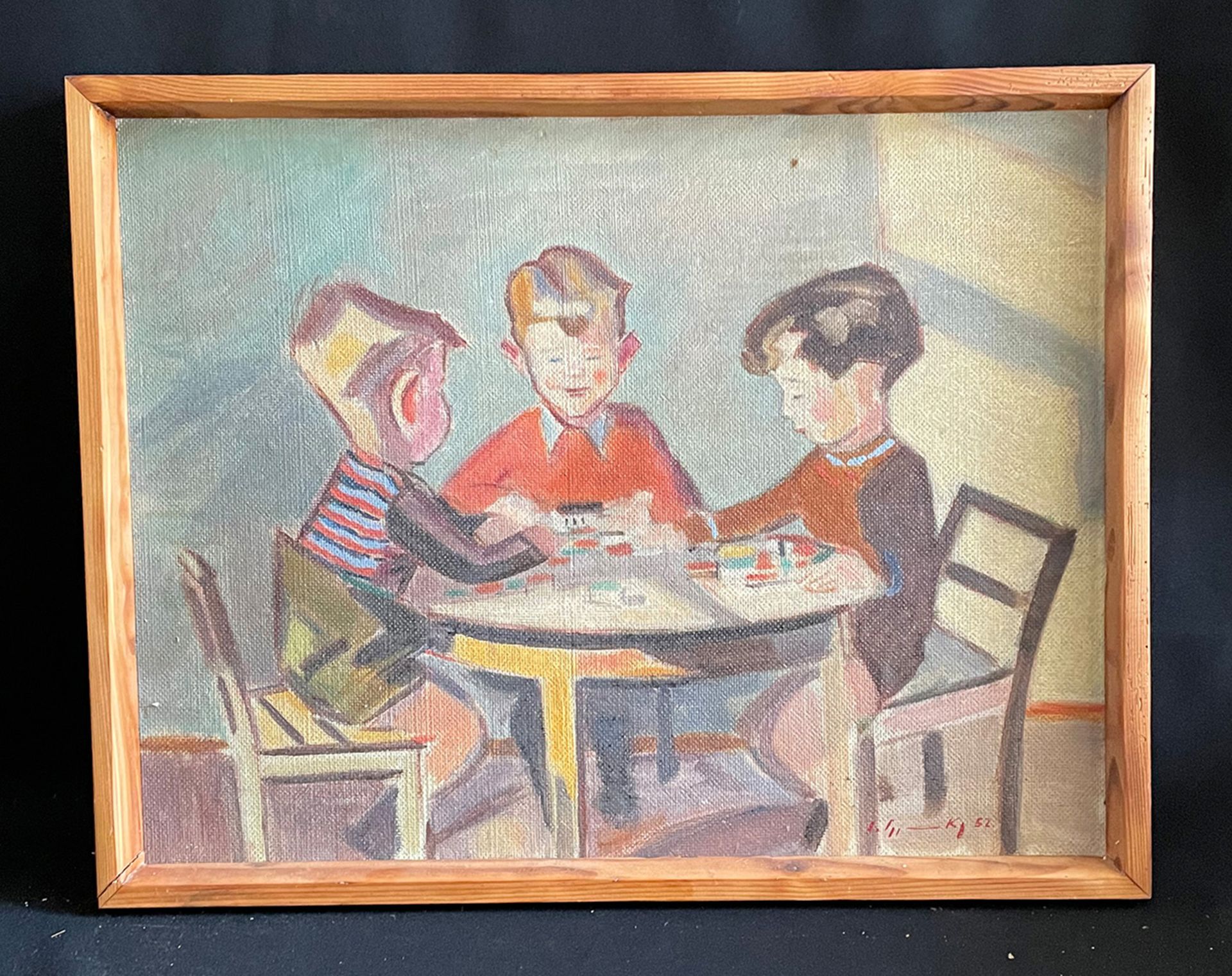 Drei Jungen spielen am Tisch, signiert und datiert: "(19)52", Öl/Lwd, 50 x 63 cm - Image 3 of 4