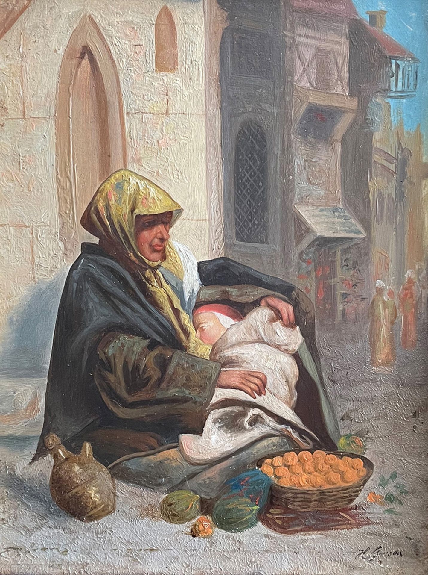 Paar Gemälde. 1 x Der Gemüseverkäufer von Kairo. 1 x Verkäuferin mit Kind. Beide unleserlich - Image 8 of 9