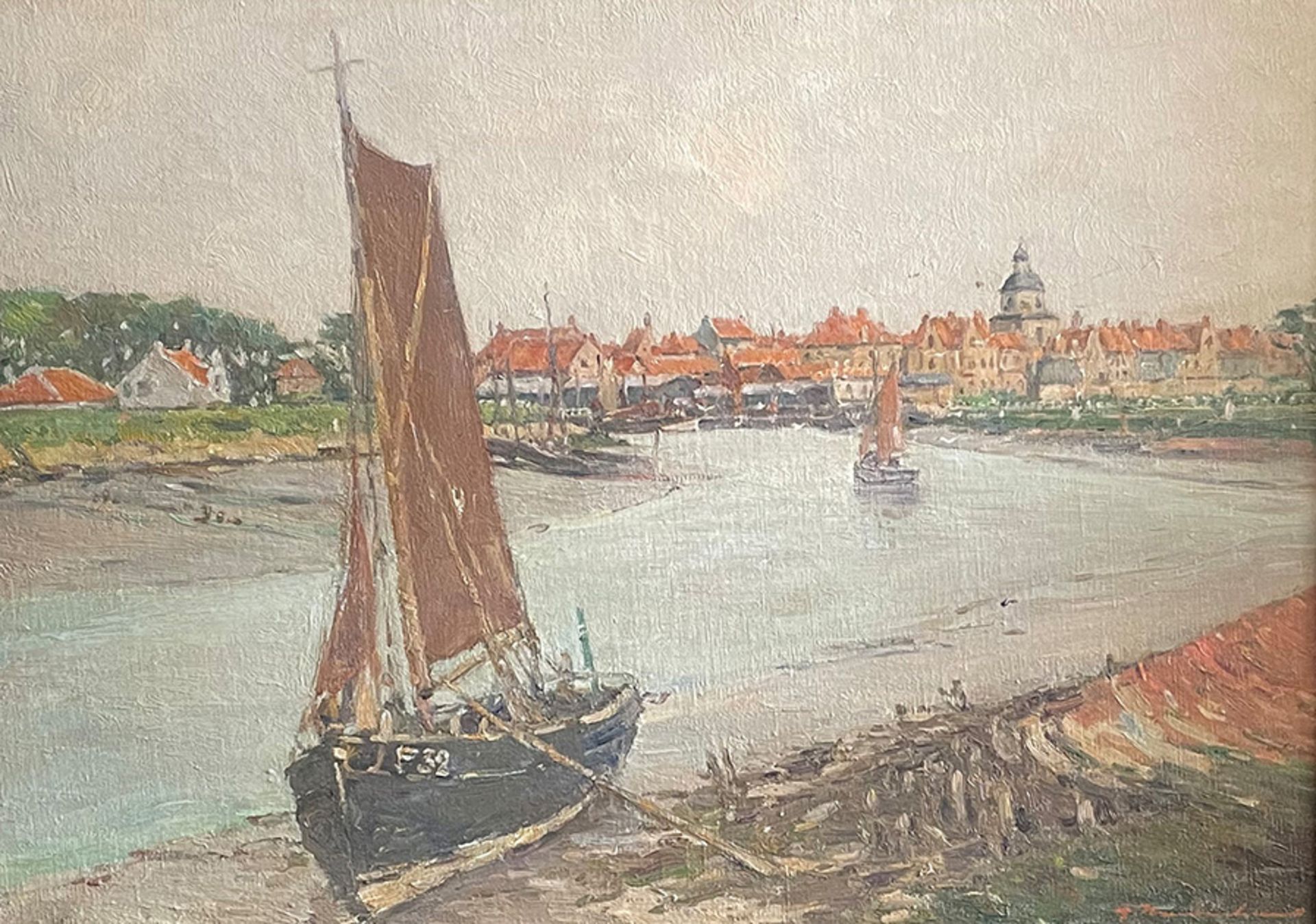 Georg HAMBÜCHEN (1901-1971) Konvolut: 1 x Segelboote am Strand vor der Stadt, signiert, Öl/Lwd; - Image 7 of 8