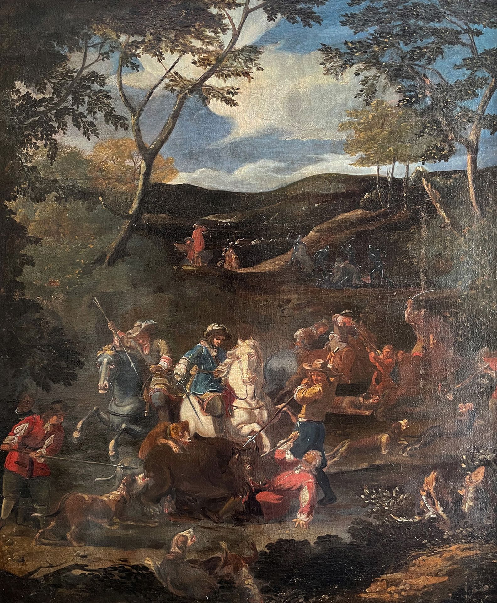 Nicolaes Berchem (1620-1683) Umkreis, Bärenhatz in einer bewaldeten Gebirgslandschaft, Öl/Lwd (