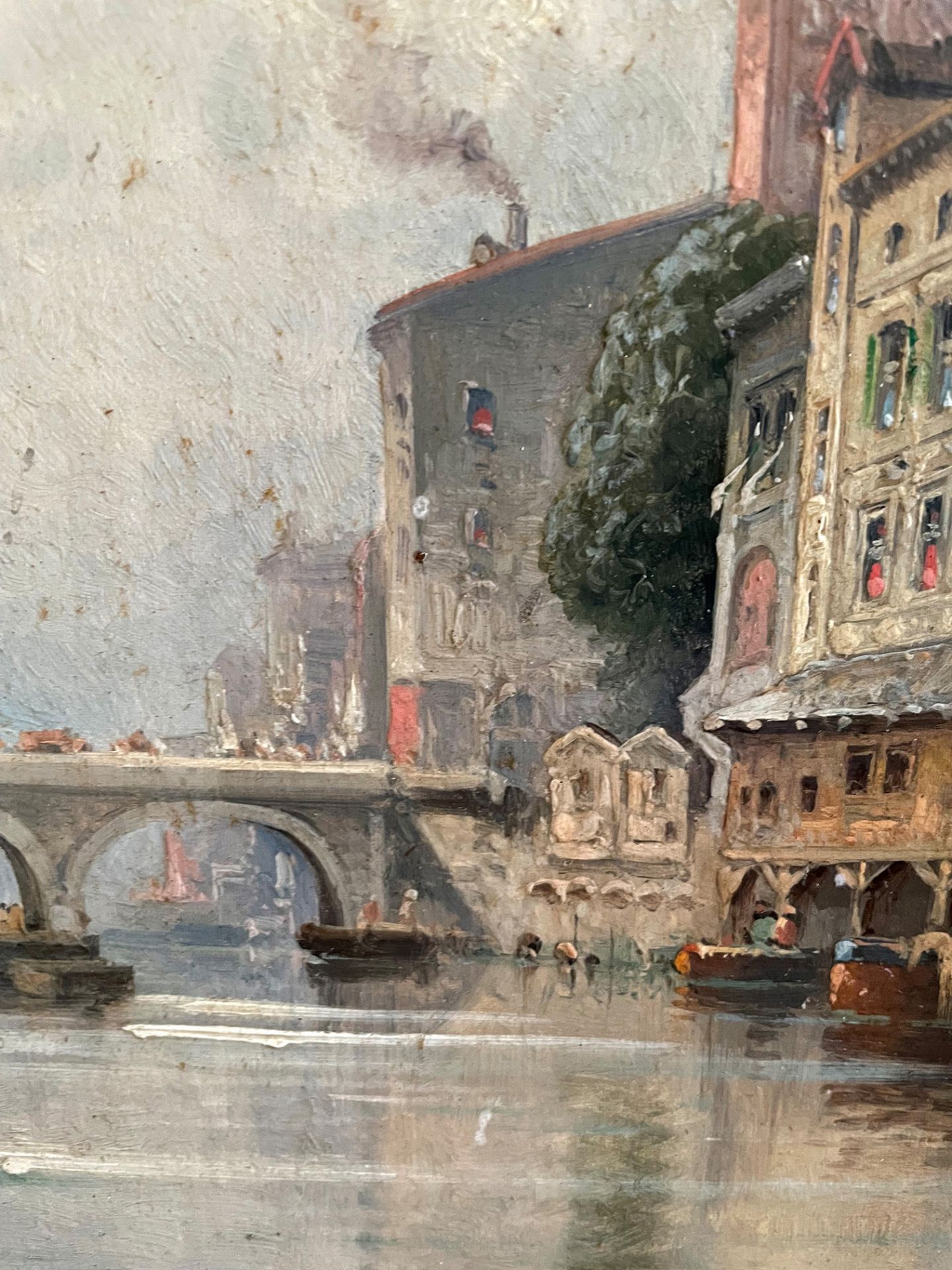 Karl Kaufmann (1843 - 1905), Boote am Fluss in der Stadt, Öl auf Platte, signiert, 31,5 x 20,5 cm, - Bild 4 aus 5