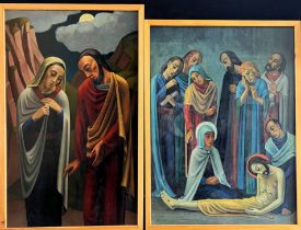 Leo STECK (1883-1960), 2 Gemälde: Vielfigurige Beweinung Christi, in diversen Blau- und Rottönen,