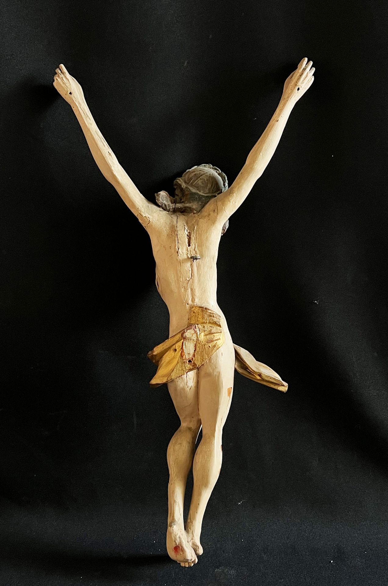 Kruzifix, Gekreuzigter im Dreinageltypus, Holz, farbig gefasst, teils Farbverluste, Altersspuen, ca. - Image 3 of 3