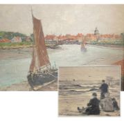 Georg HAMBÜCHEN (1901-1971) Konvolut: 1 x Segelboote am Strand vor der Stadt, signiert, Öl/Lwd;