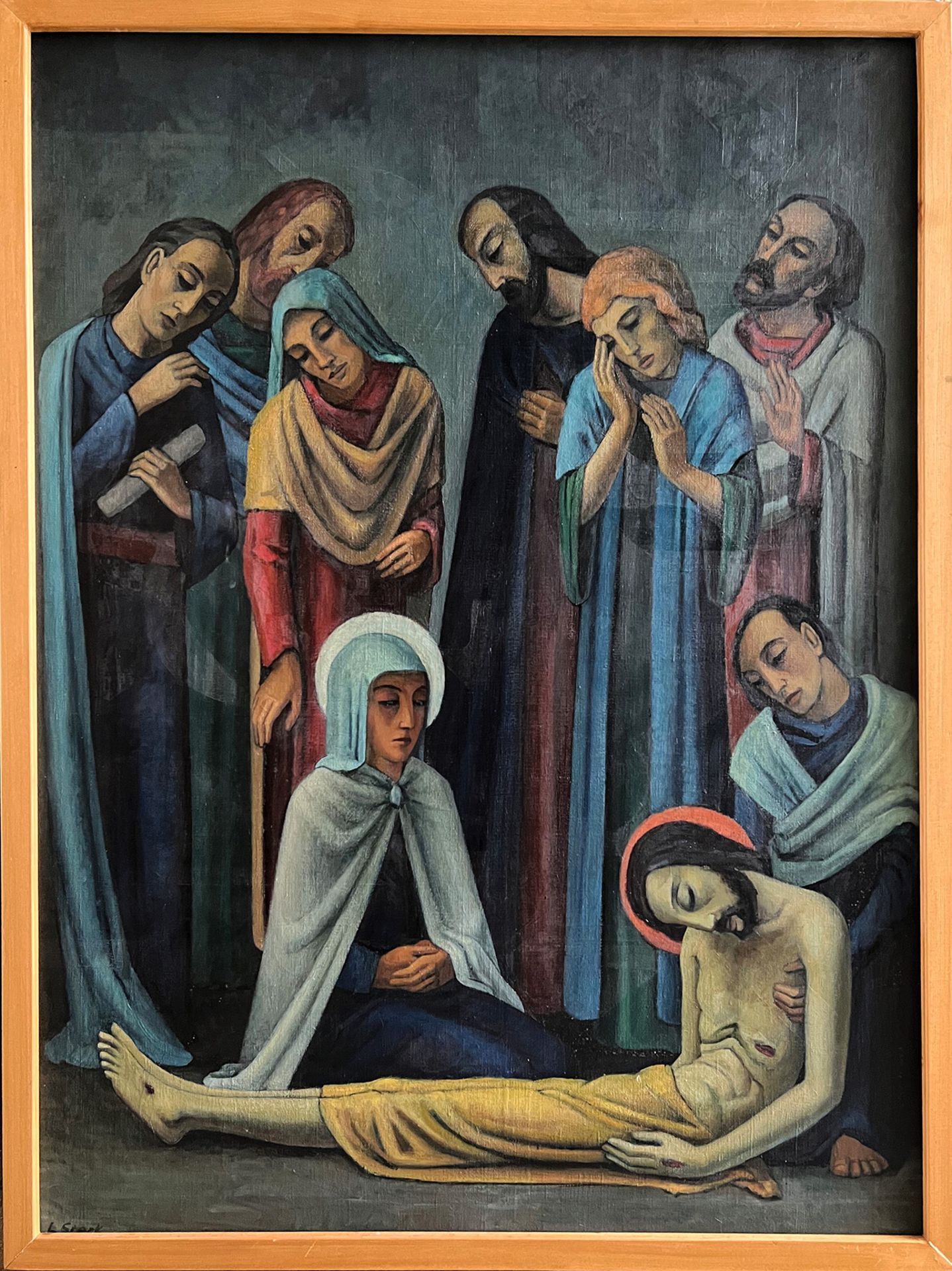 Leo STECK (1883-1960), 2 Gemälde: Vielfigurige Beweinung Christi, in diversen Blau- und Rottönen, - Image 7 of 10