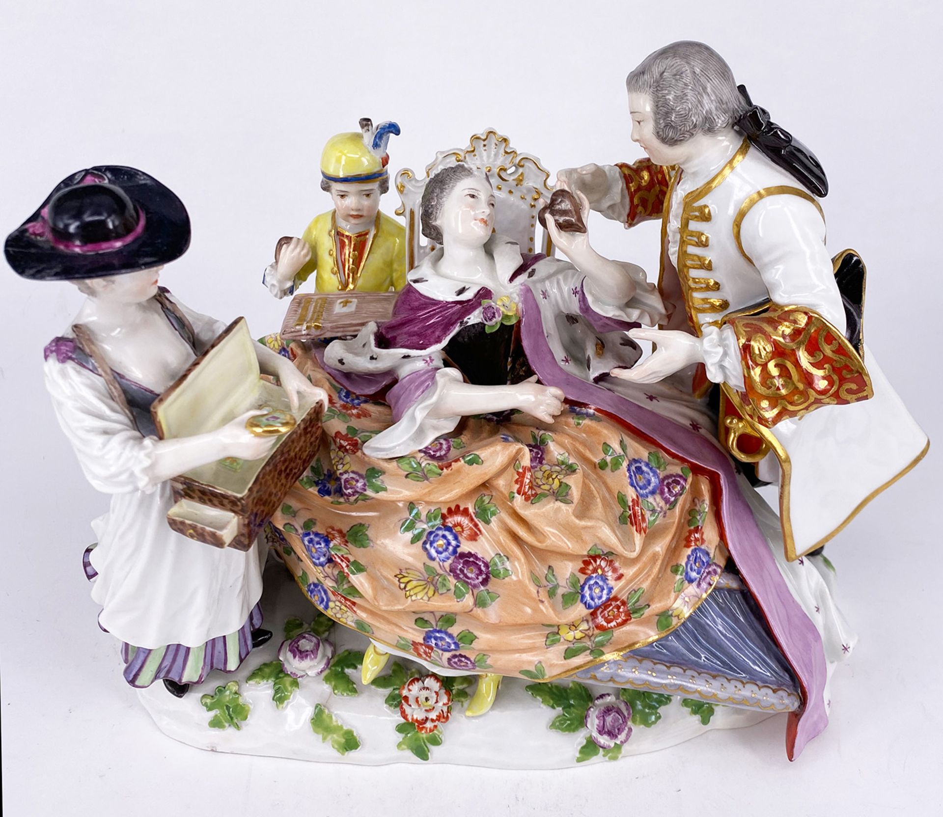 Meissen, Figurengruppe "Der Herzdosenverkauf", Modell von Johann Joachim Kaendler 1738, farbig