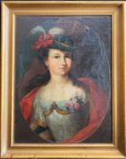 Unbekannter Portraitist, 18./19. Jh., Dame mit Hut und Blumenbouquet an ihrem eleganten Kleid, Öl/