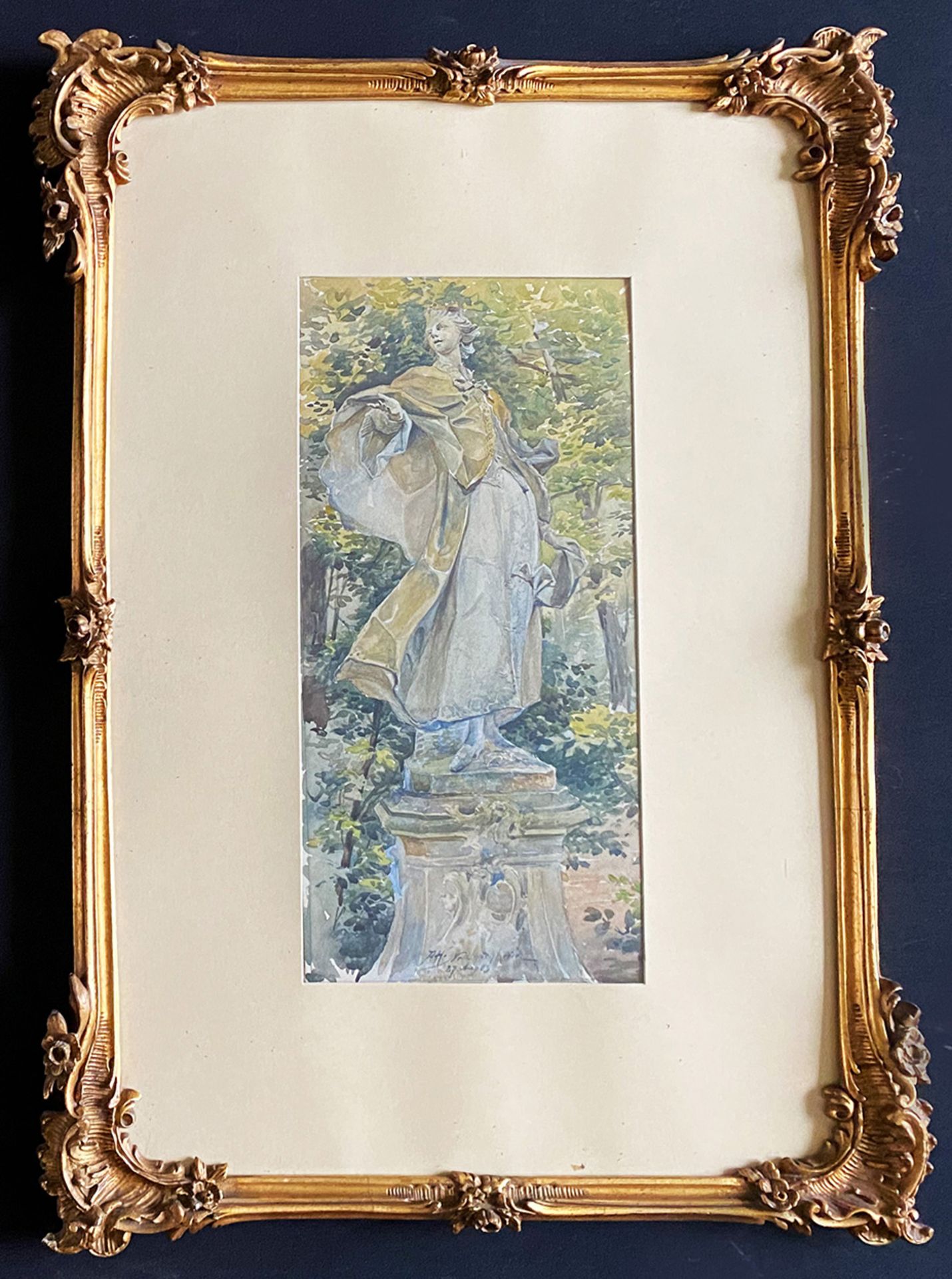 Garten Veitshöchheim bei Würzburg, Figur von Ferdinand Tietz (auch Dietz), Aquarell,