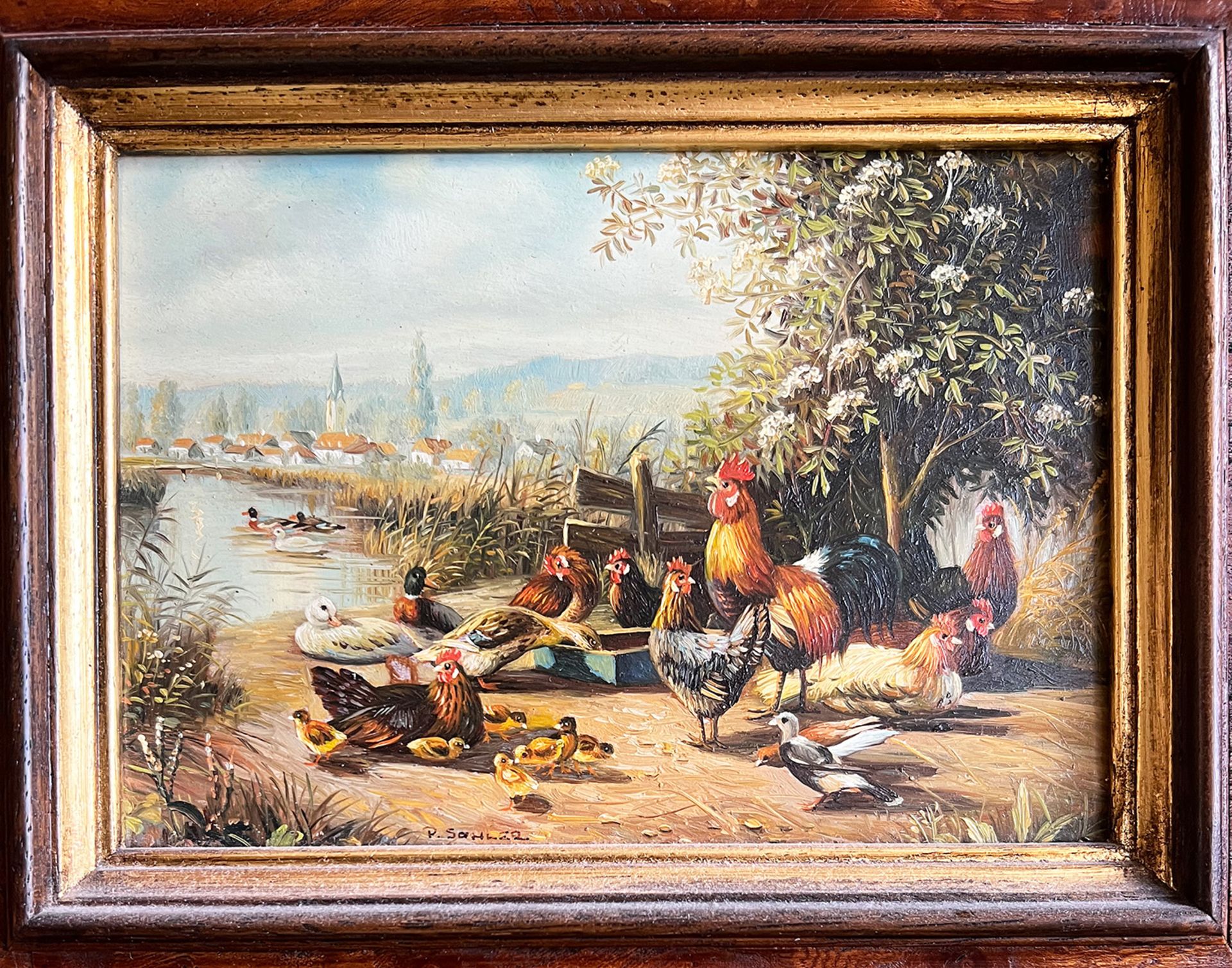 P. Sohler, Paar Bilder: Enten am Teich, signiert, Öl/Spanplatte, 13 x 18 cm; Hühner am Teich, im - Image 5 of 5