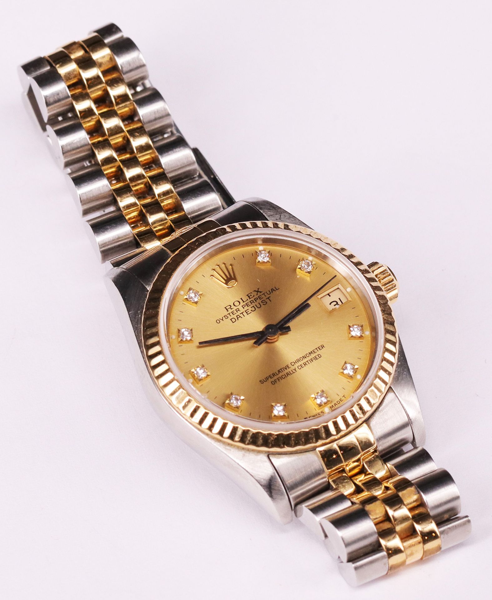 Rolex, Oyster Perpetual Date Just, Armbanduhr, goldfarbenes Zifferblatt mit Diamanten als Uhrzeiten, - Bild 6 aus 7