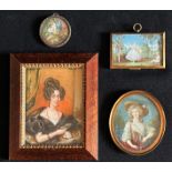 Konvolut mit vier Miniaturen, Ölmalereien: Portrait einer Dame mit aufwändiger Frisur aus